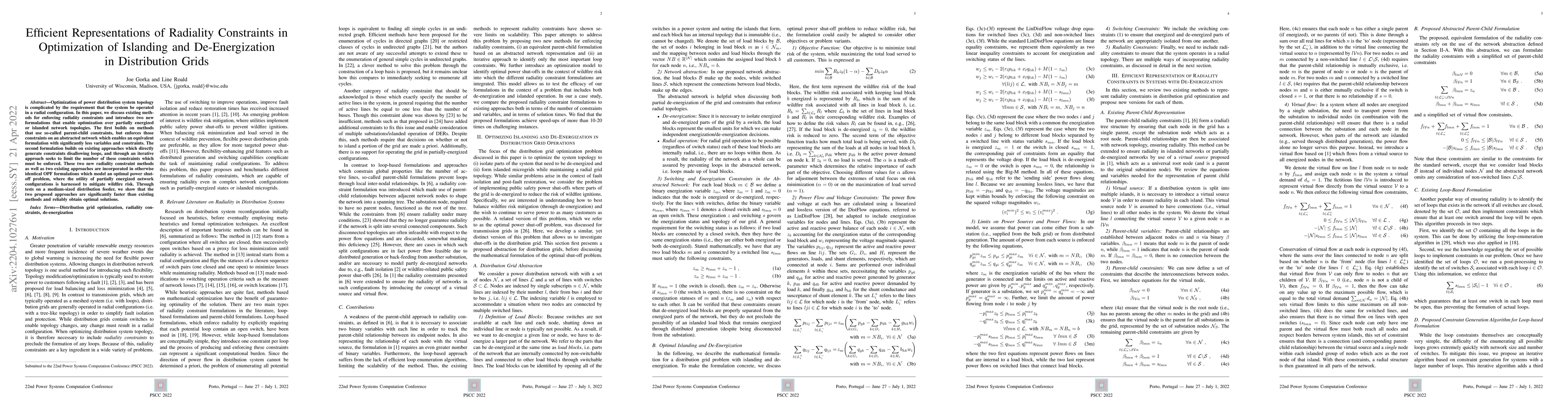 Thumbnail for Efficient Representations of Radiality Constraints in Optimization of
  Islanding and De-Energization in Distribution Grids