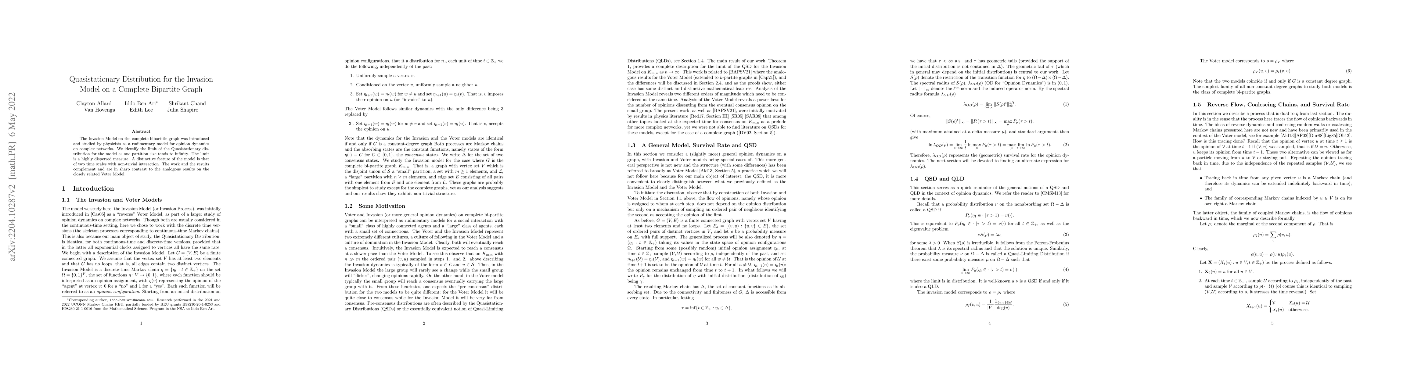 Thumbnail for Quasistationary Distribution for the Invasion Model on a Complete
  Bipartite Graph