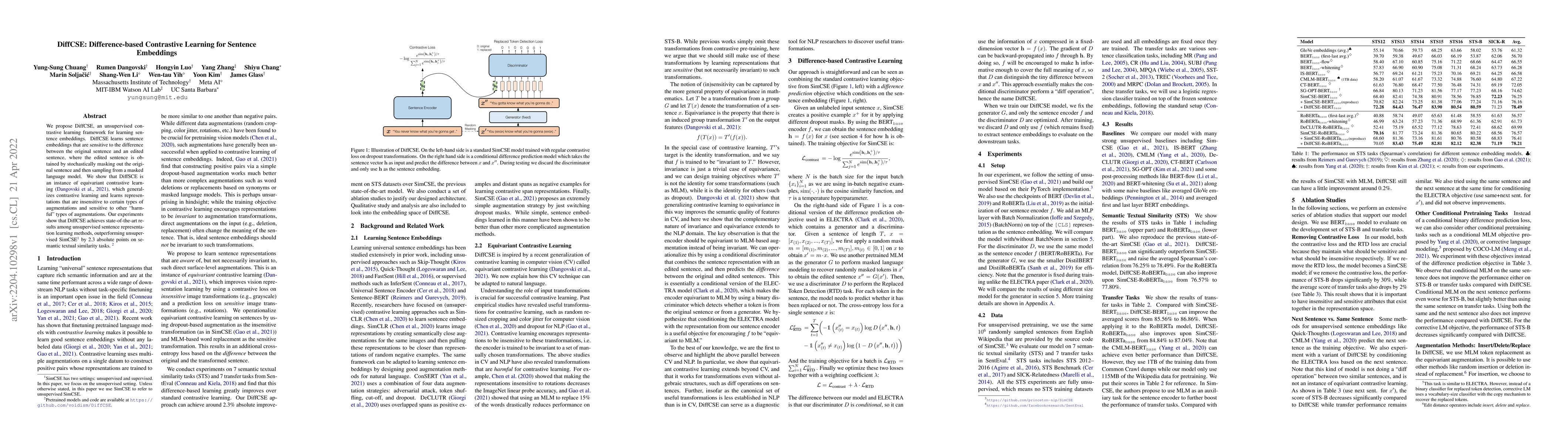 Thumbnail for DiffCSE: Difference-based Contrastive Learning for Sentence Embeddings