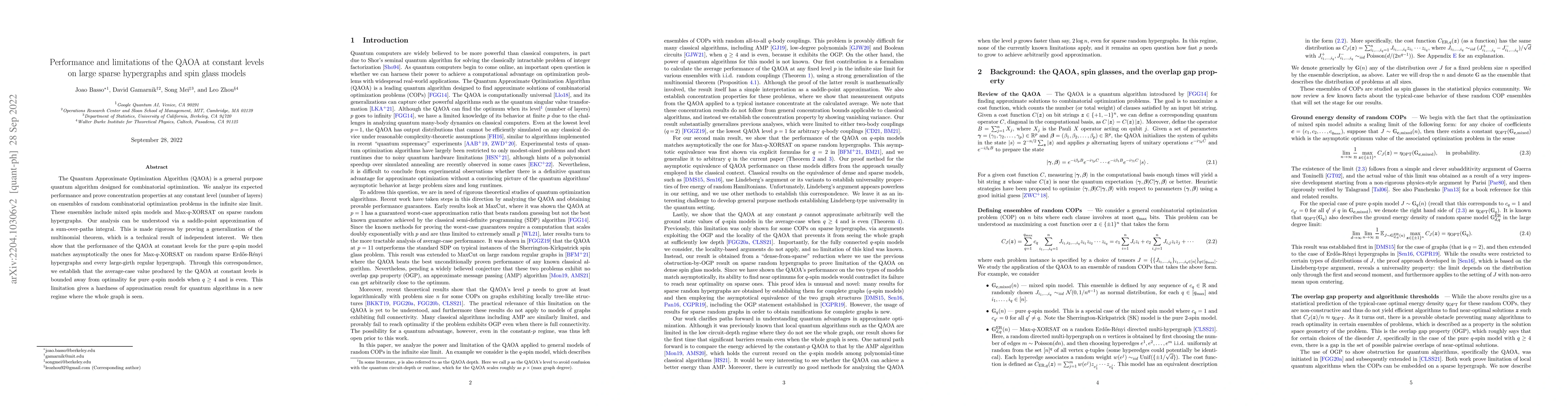 Thumbnail for Performance and limitations of the QAOA at constant levels on large
  sparse hypergraphs and spin glass models