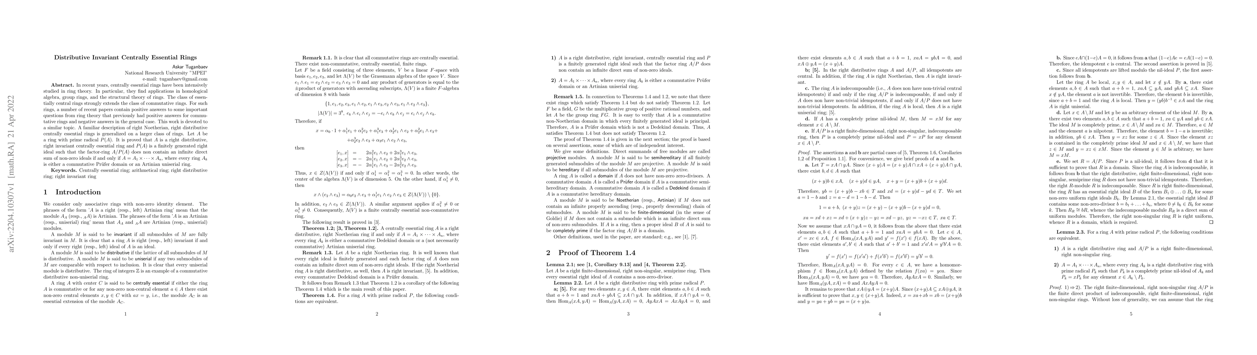 Thumbnail for Distributive Invariant Centrally Essential Rings