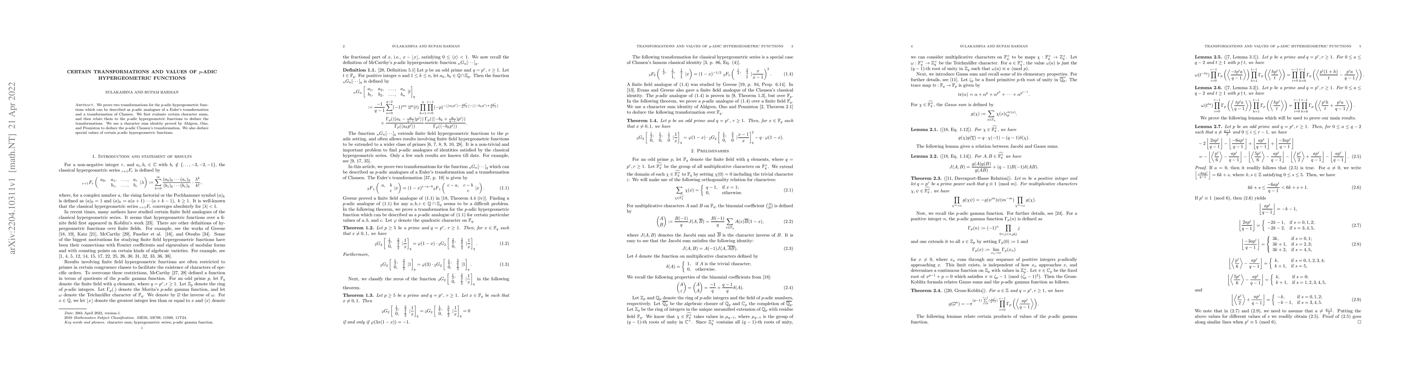 Thumbnail for Certain transformations and values of p-adic hypergeometric functions