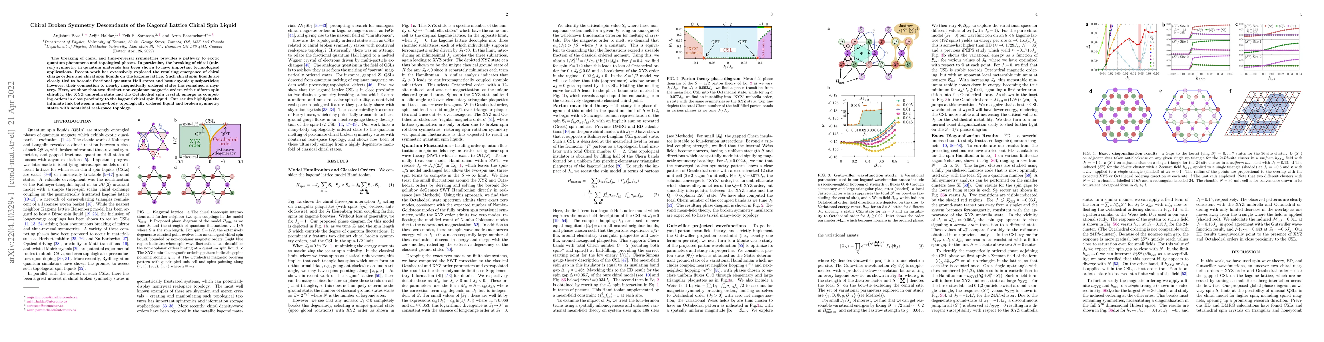 Thumbnail for Chiral Broken Symmetry Descendants of the Kagom\'e Lattice Chiral Spin
  Liquid