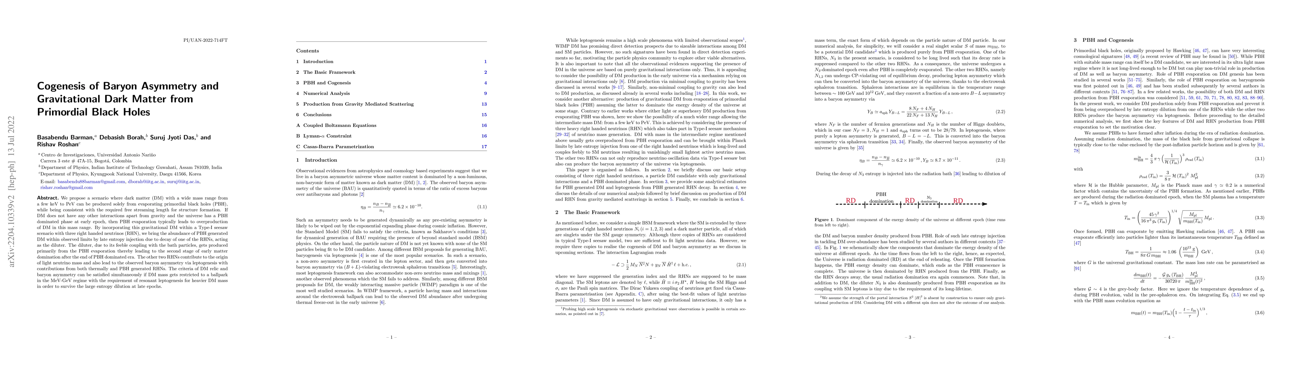 Thumbnail for Cogenesis of Baryon Asymmetry and Gravitational Dark Matter from
  Primordial Black Holes