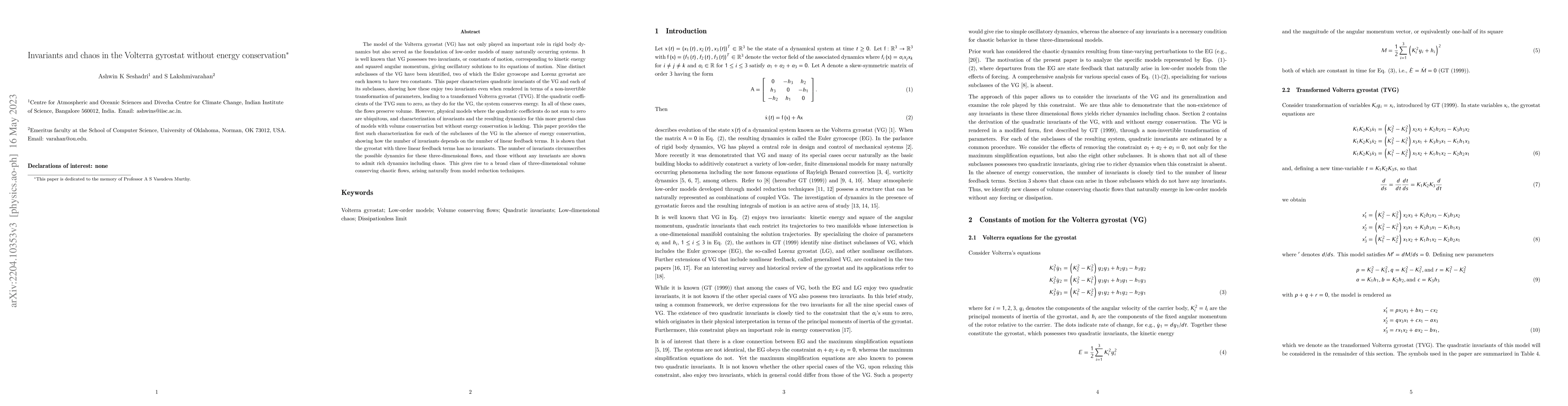 Thumbnail for Invariants and chaos in the Volterra gyrostat without energy
  conservation
