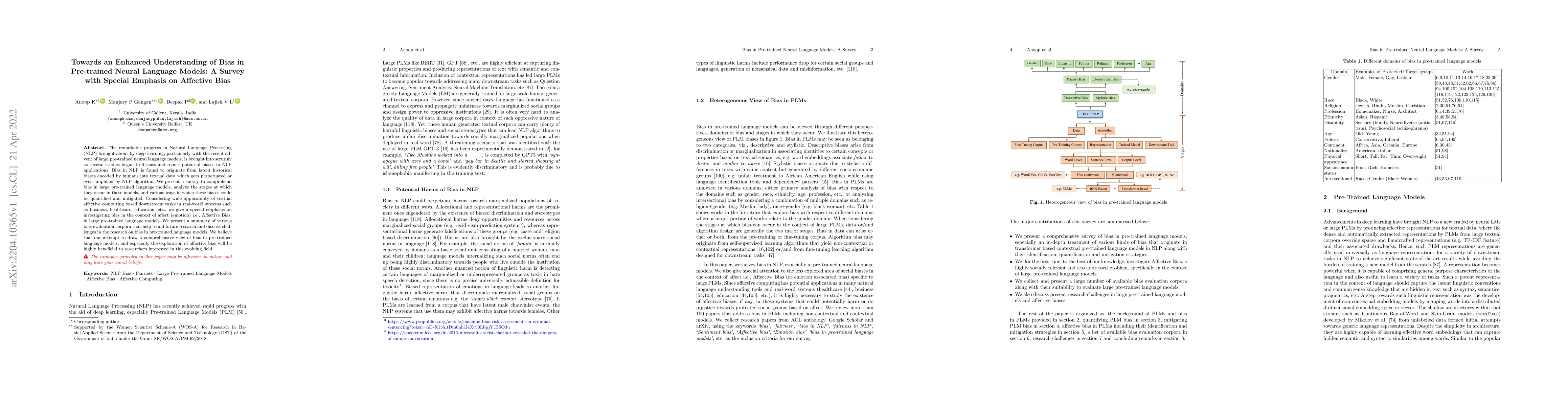 Thumbnail for Towards an Enhanced Understanding of Bias in Pre-trained Neural Language
  Models: A Survey with Special Emphasis on Affective Bias
