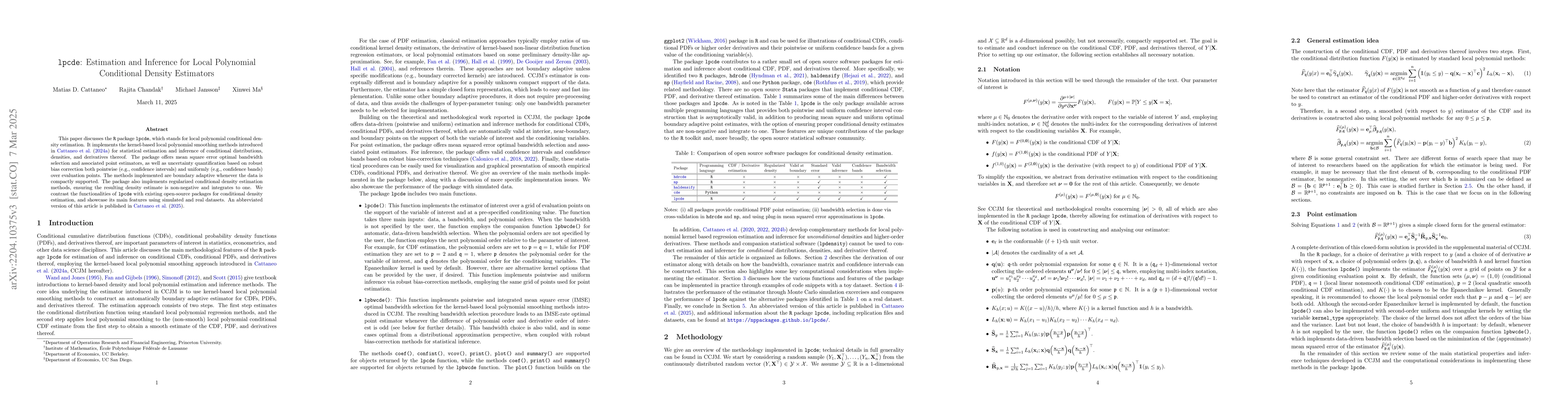 Thumbnail for lpcde: Estimation and Inference for Local Polynomial Conditional Density
  Estimators