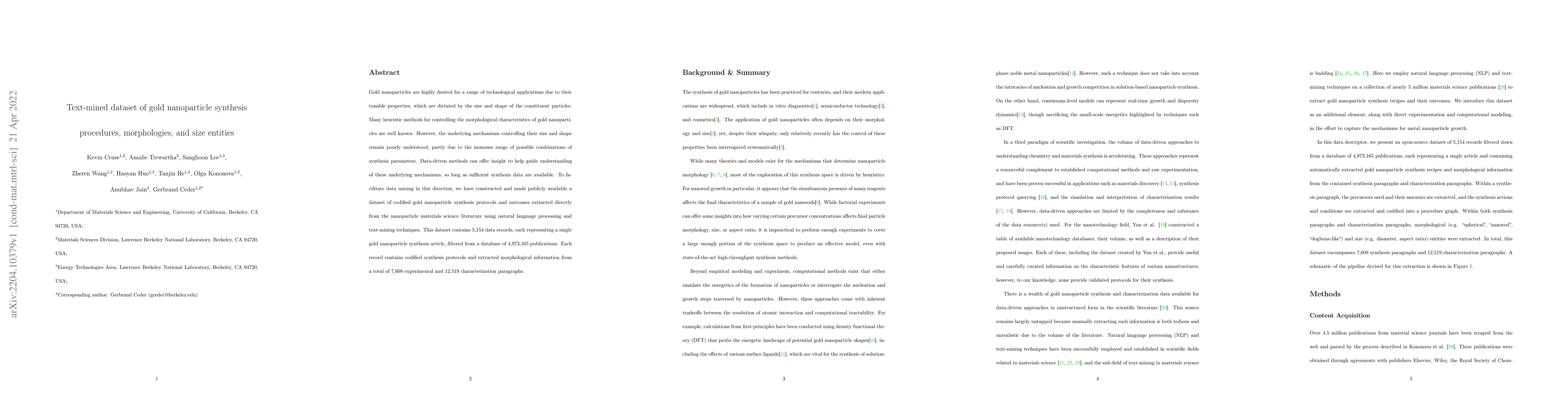 Thumbnail for Text-mined dataset of gold nanoparticle synthesis procedures,
  morphologies, and size entities