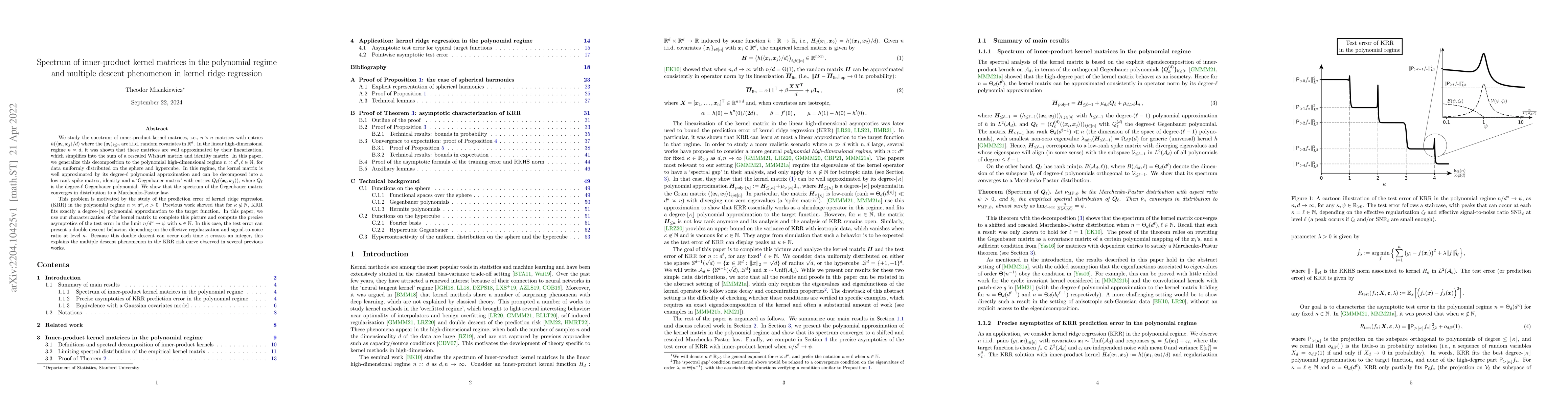 Thumbnail for Spectrum of inner-product kernel matrices in the polynomial regime and
  multiple descent phenomenon in kernel ridge regression
