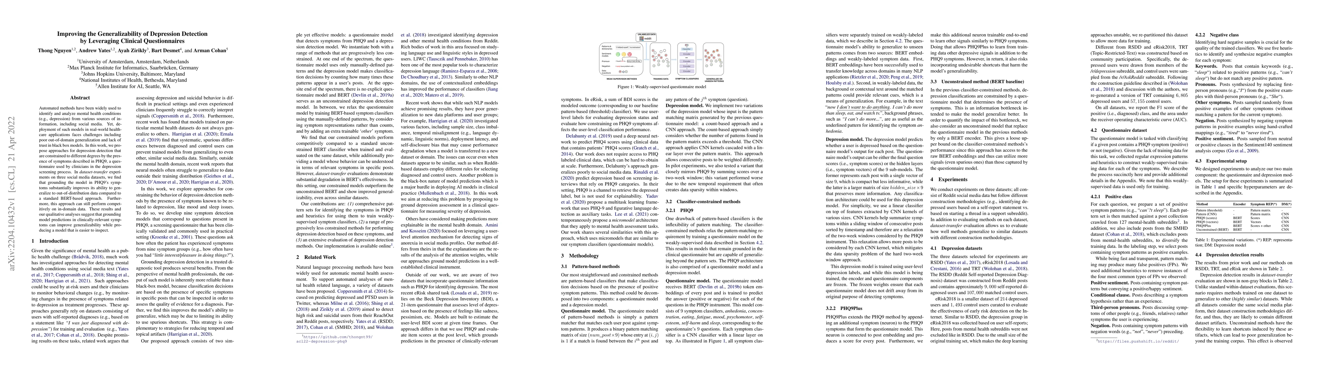 Thumbnail for Improving the Generalizability of Depression Detection by Leveraging
  Clinical Questionnaires