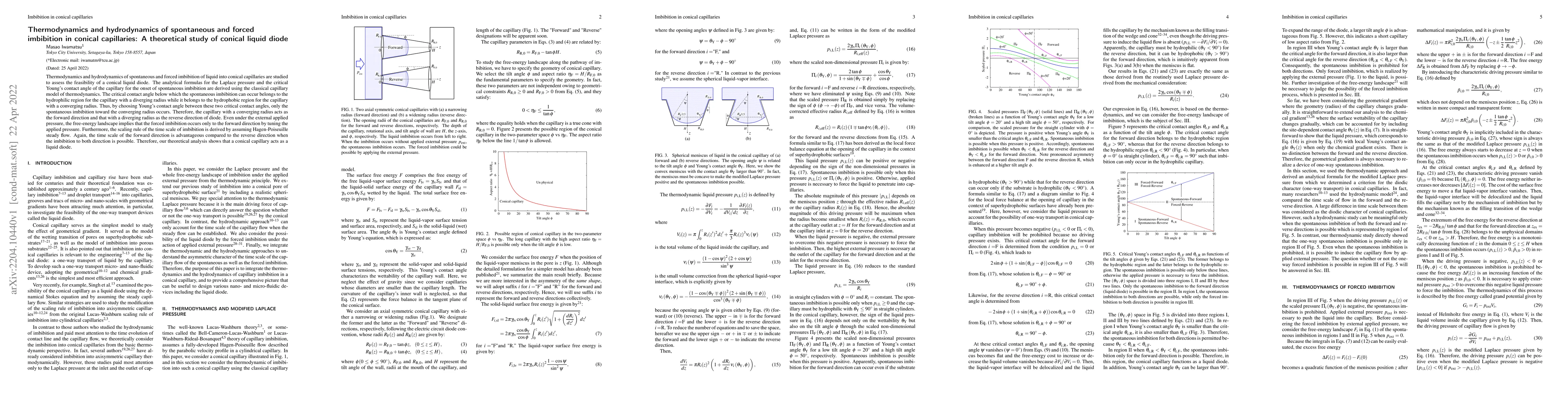 Thumbnail for Thermodynamics and hydrodynamics of spontaneous and forced imbibition in
  conical capillaries: A theoretical study of conical liquid diode