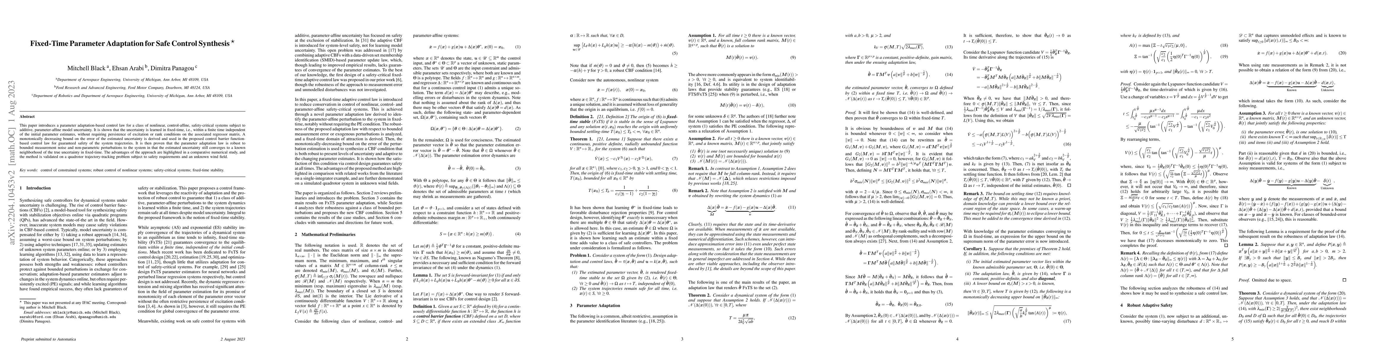 Thumbnail for Fixed-Time Parameter Adaptation for Safe Control Synthesis