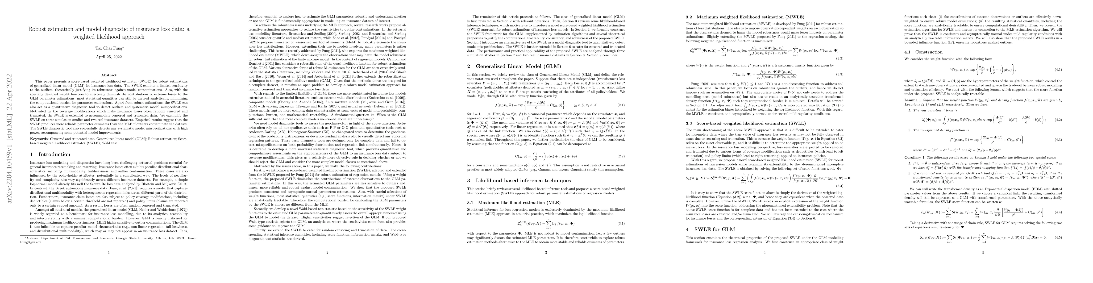 Thumbnail for Robust estimation and model diagnostic of insurance loss data: a
  weighted likelihood approach