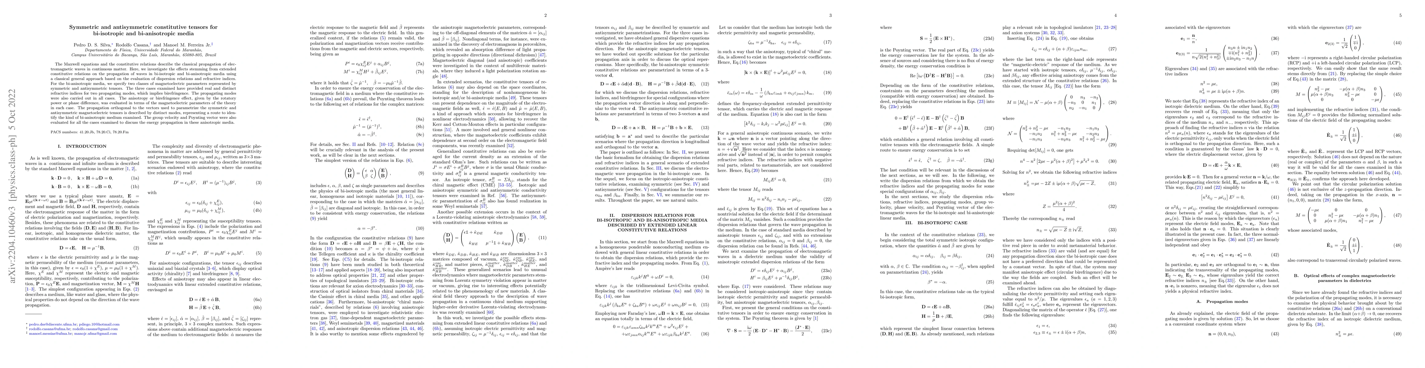 Thumbnail for Symmetric and antisymmetric constitutive tensors for bi-isotropic and
  bi-anisotropic media