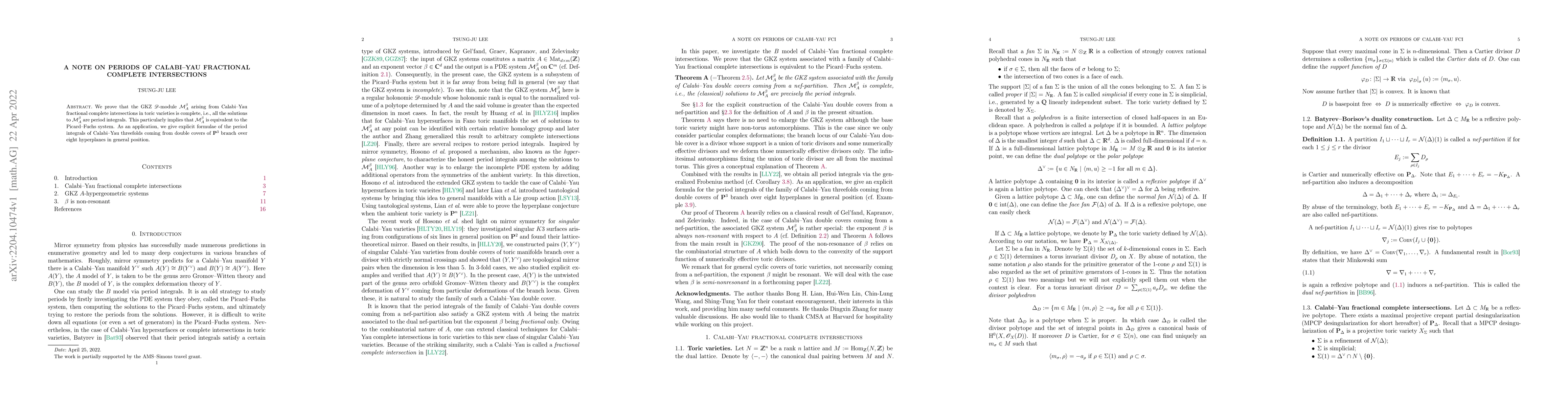 Thumbnail for A note on periods of Calabi--Yau fractional complete intersections