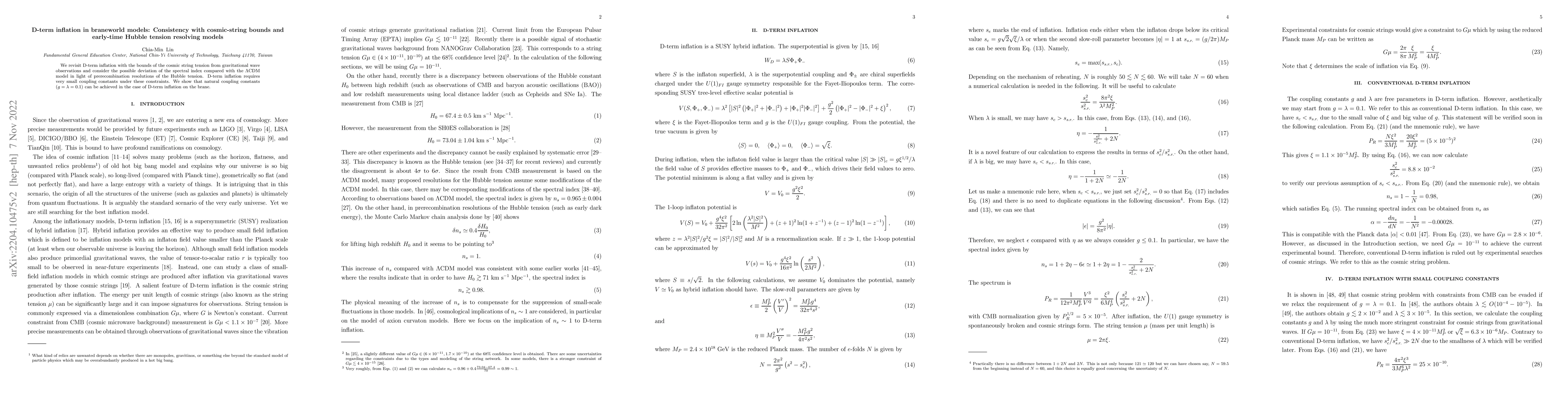 Thumbnail for D-term inflation in braneworld models: Consistency with cosmic-string
  bounds and early-time Hubble tension resolving models