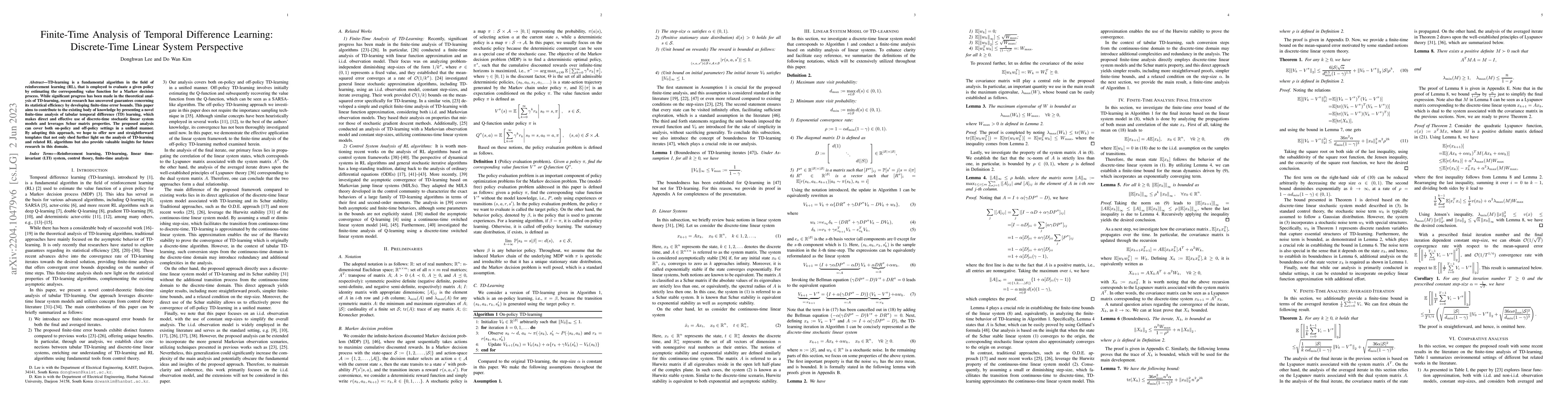Thumbnail for Finite-Time Analysis of Temporal Difference Learning: Discrete-Time
  Linear System Perspective