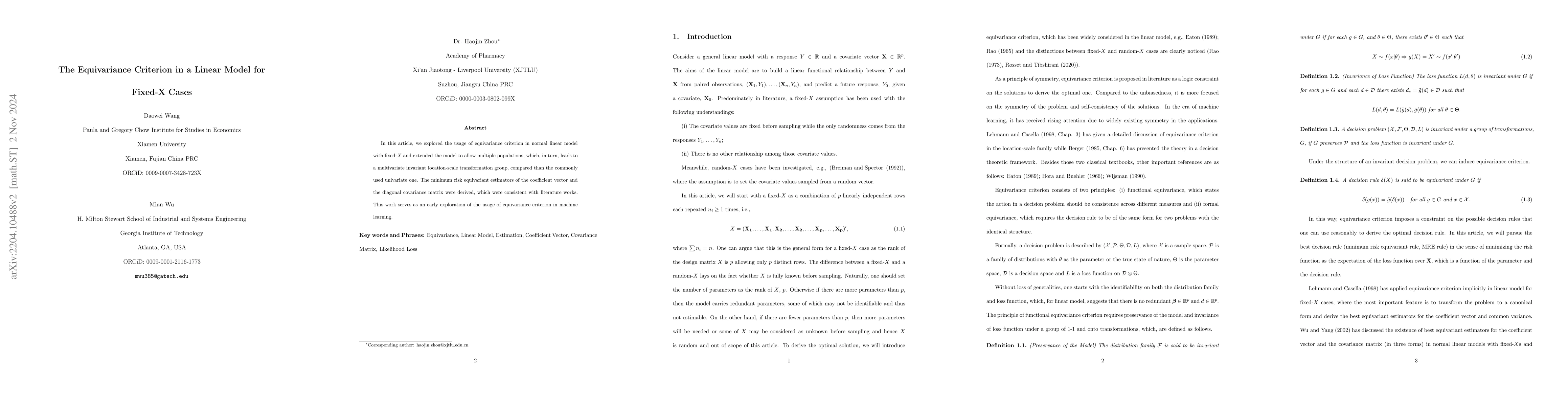 Thumbnail for The Equivariance Criterion in a Linear Model for Fixed-X Cases