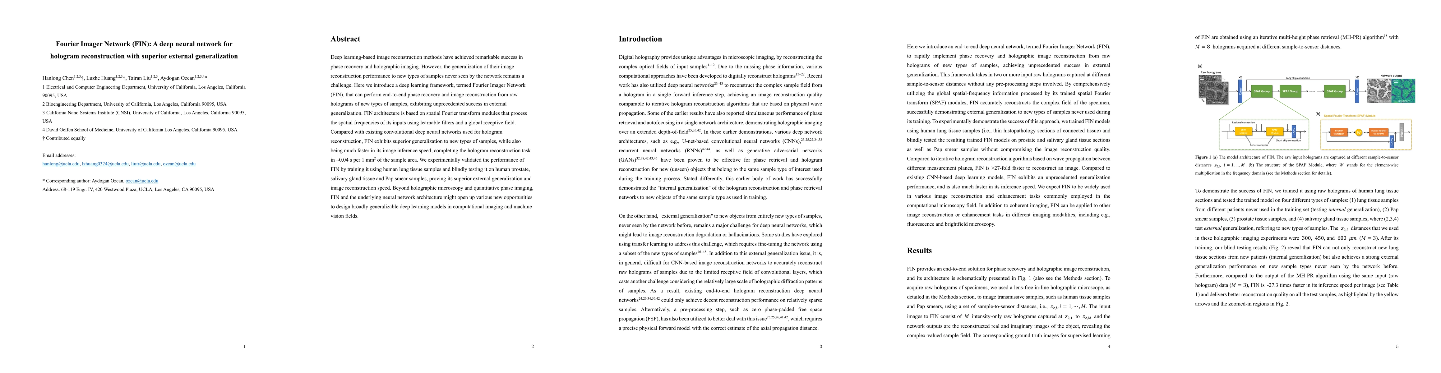 Thumbnail for Fourier Imager Network (FIN): A deep neural network for hologram
  reconstruction with superior external generalization