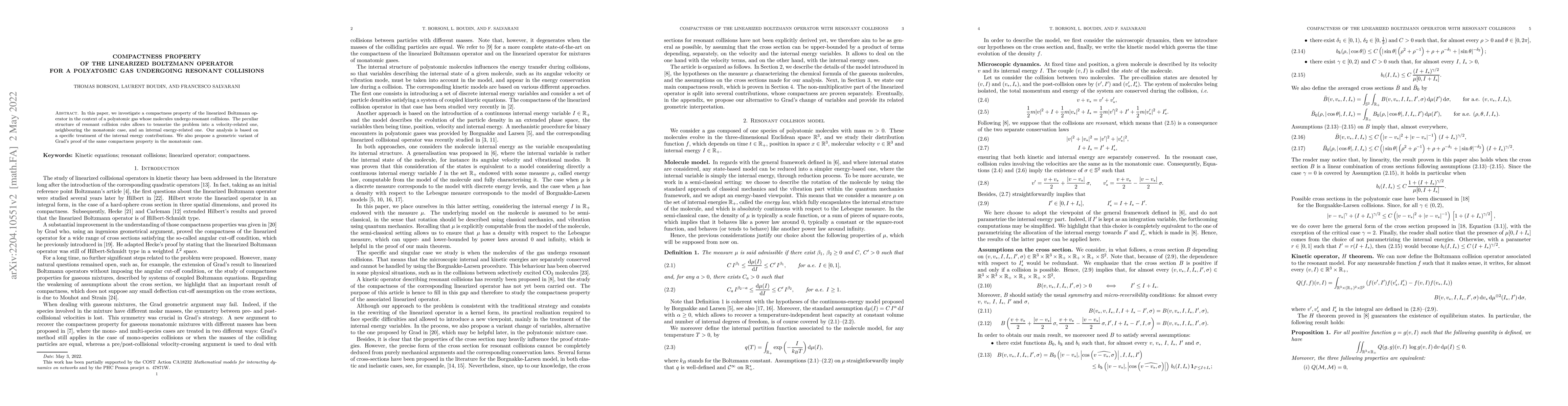Thumbnail for Compactness property of the linearized Boltzmann operator for a
  polyatomic gas undergoing resonant collisions