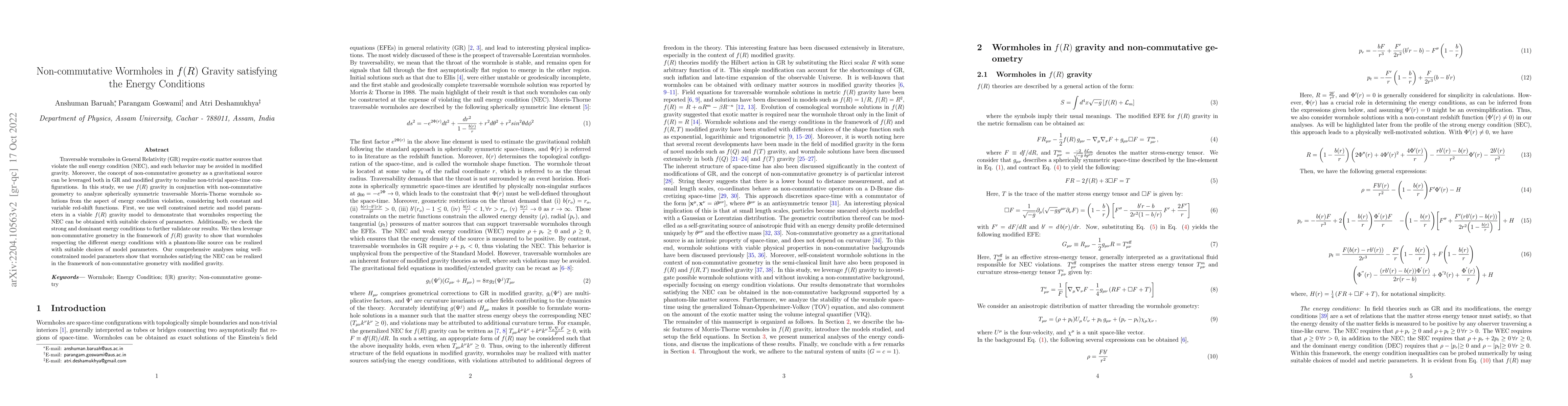 Thumbnail for Non-commutative Wormholes in $f(R)$ Gravity satisfying the Energy
  Conditions