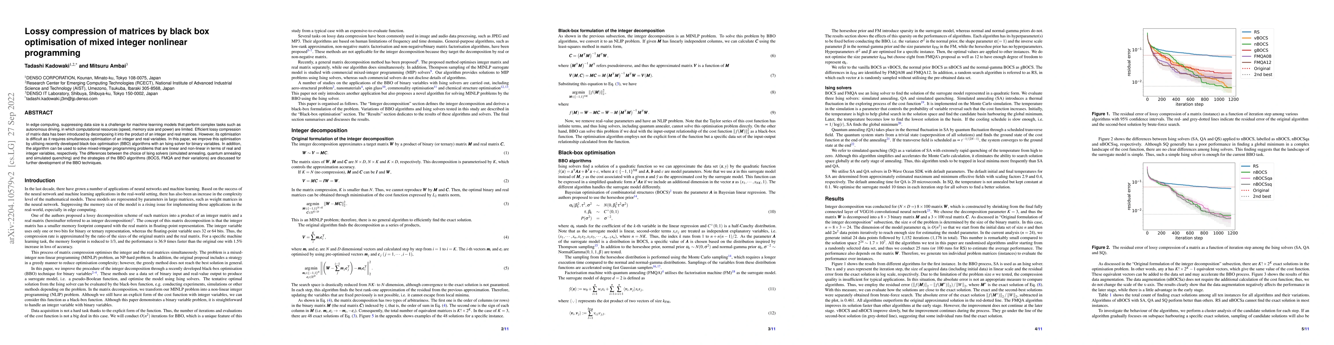 Thumbnail for Lossy compression of matrices by black-box optimisation of mixed integer
  nonlinear programming