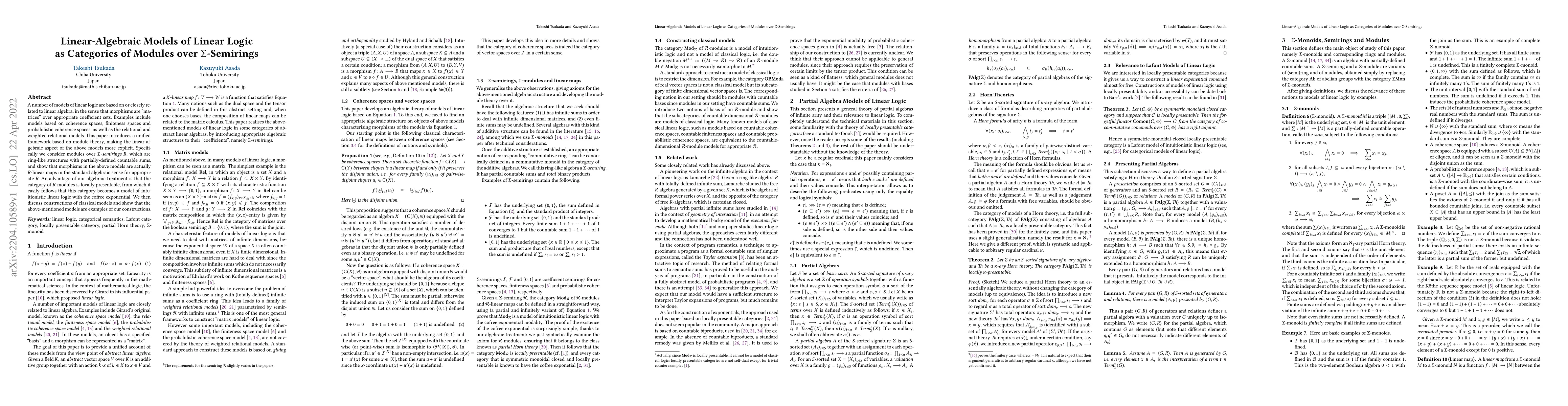Thumbnail for Linear-Algebraic Models of Linear Logic as Categories of Modules over
  Sigma-Semirings