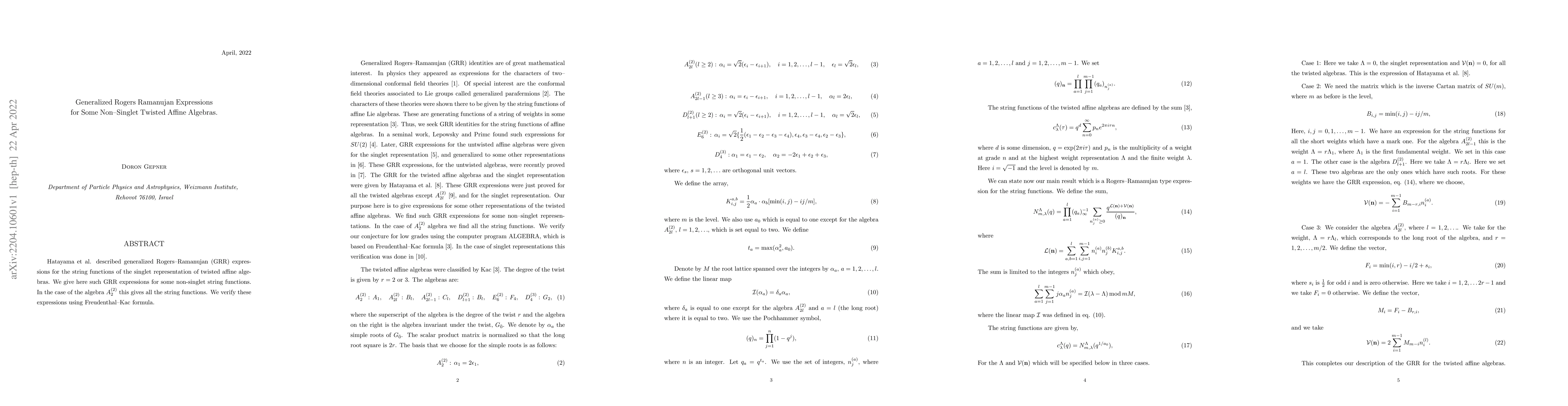 Thumbnail for Generalized Rogers Ramanujan Expressions for Some Non--Singlet Twisted
  Affine Algebras