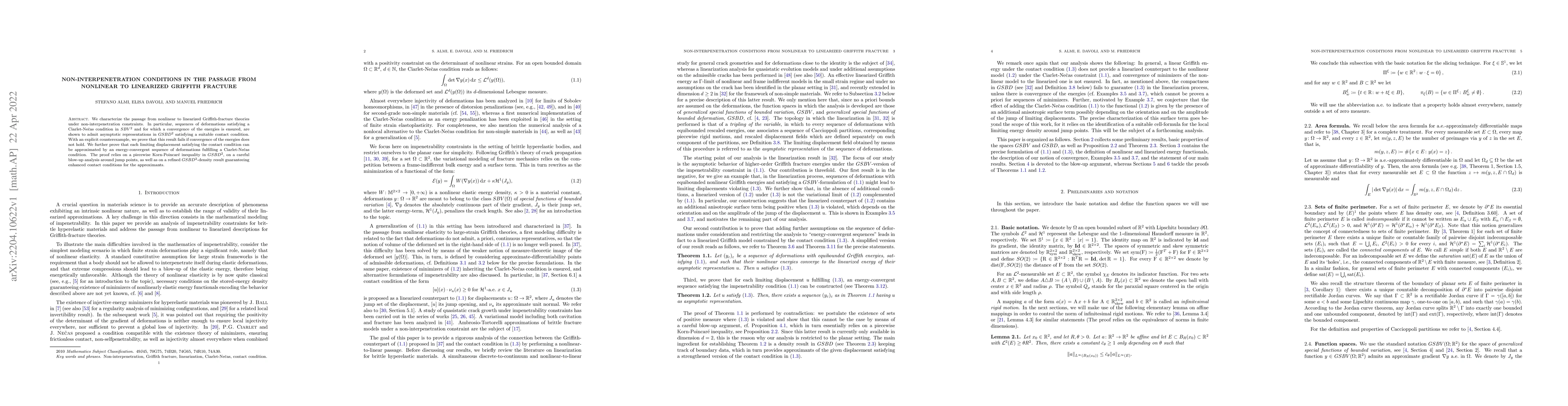 Thumbnail for Non-interpenetration conditions in the passage from nonlinear to
  linearized Griffith fracture