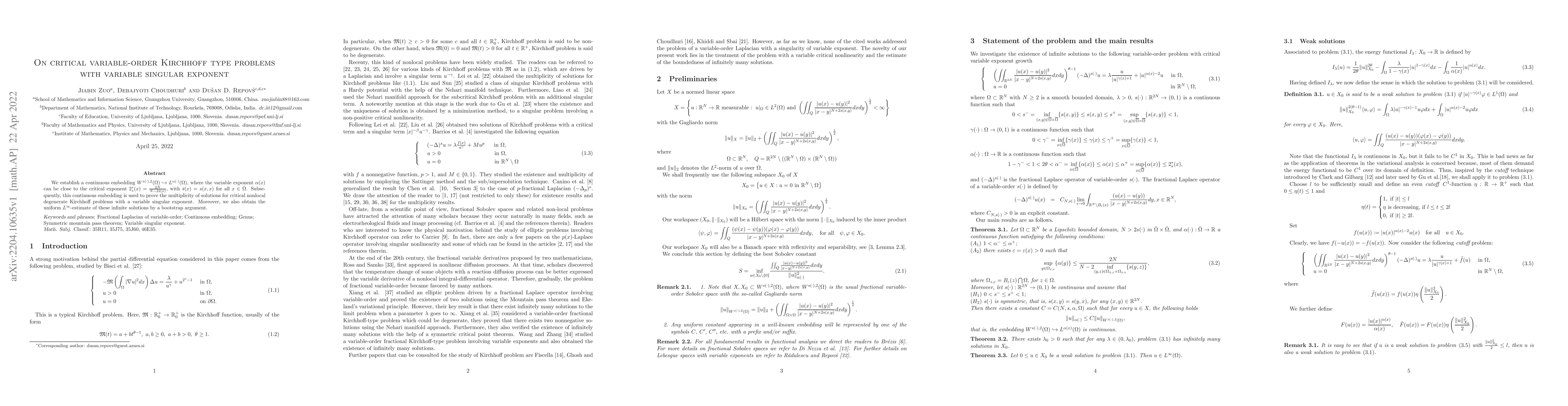 Thumbnail for On critical variable-order Kirchhoff type problems with variable
  singular exponent