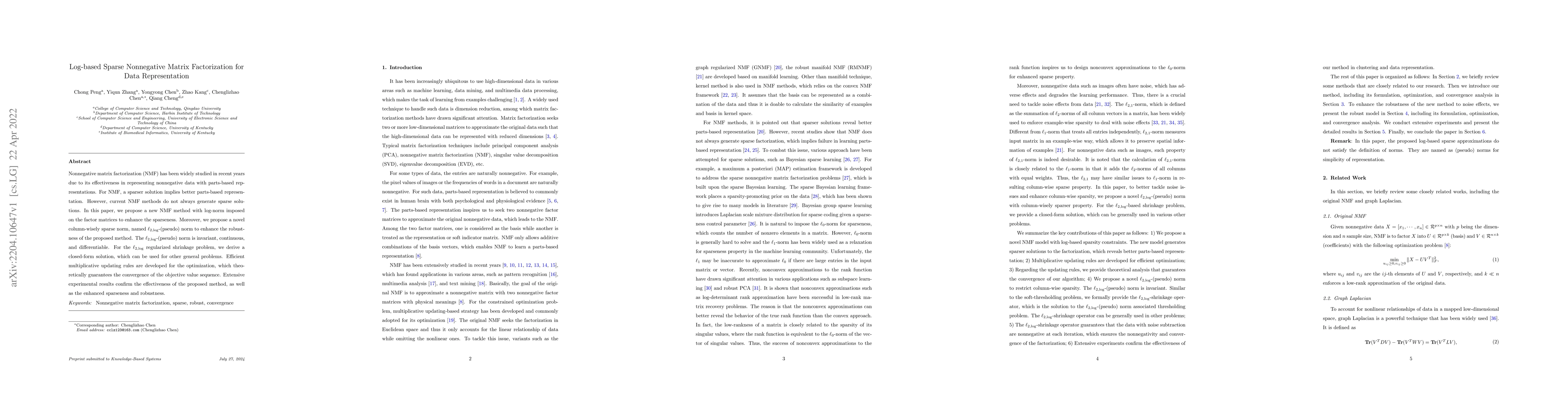 Thumbnail for Log-based Sparse Nonnegative Matrix Factorization for Data
  Representation