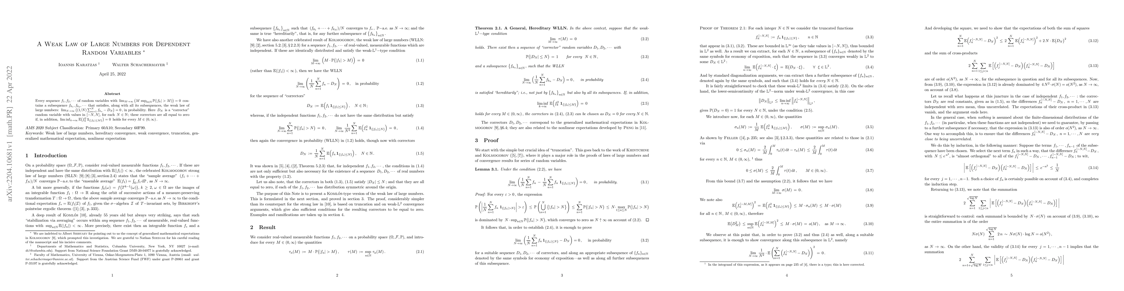 Thumbnail for A Weak Law of Large Numbers for Dependent Random Variables