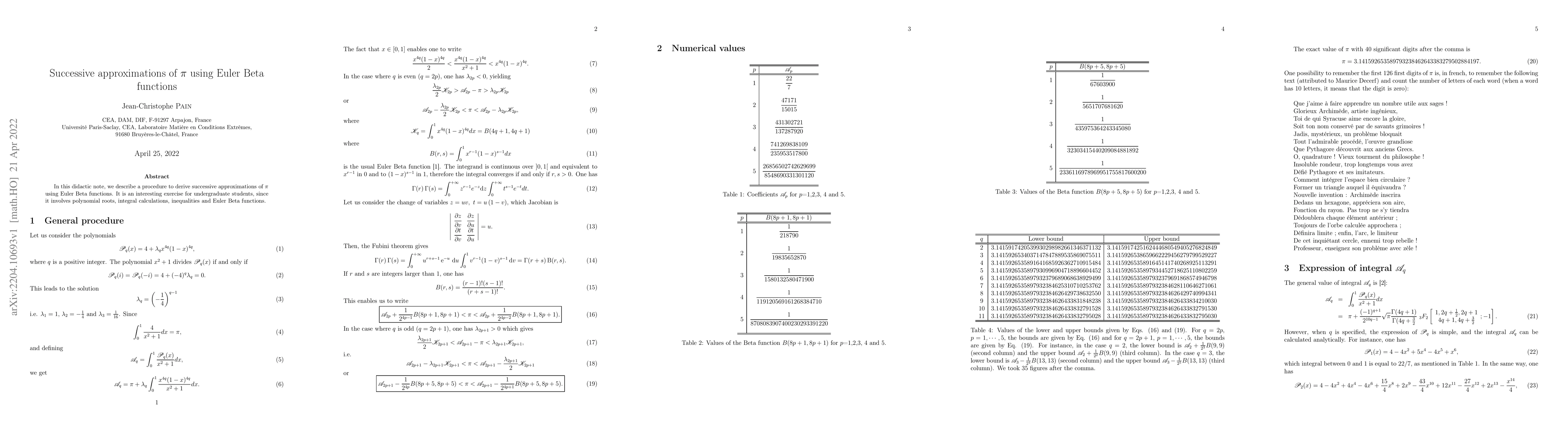 Thumbnail for Successive approximations of $\pi$ using Euler Beta functions