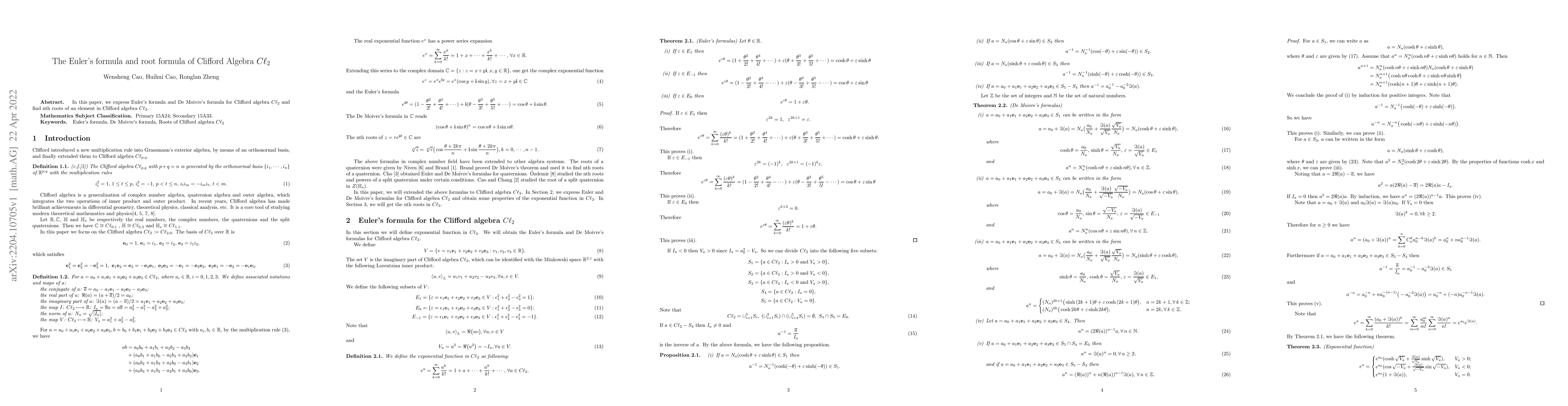 Thumbnail for The Euler's formula and root formula of Clifford Algebra Cl2