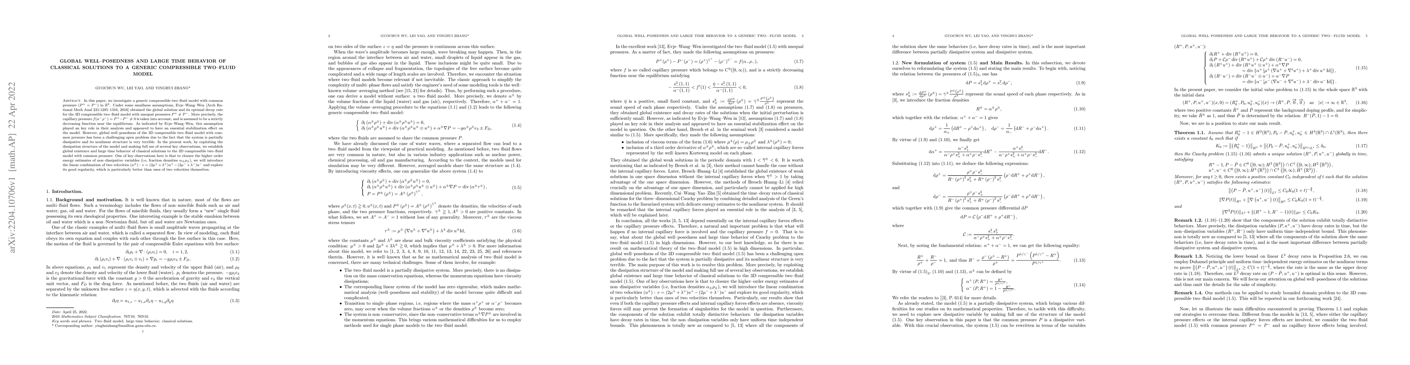Thumbnail for Global well--posedness and large time behavior of classical solutions to
  a generic compressible two-fluid model