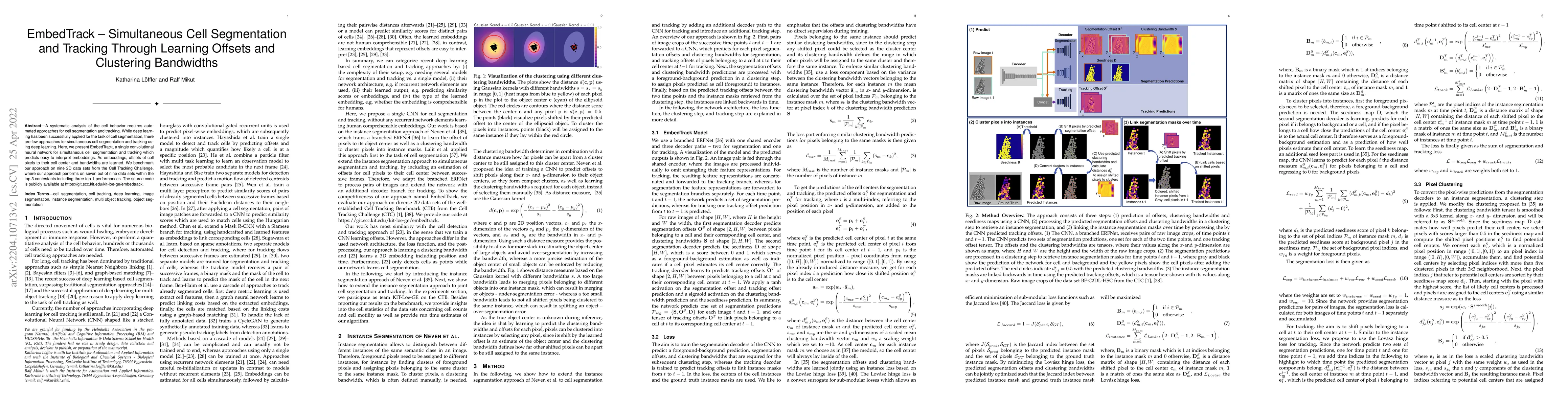 Thumbnail for EmbedTrack -- Simultaneous Cell Segmentation and Tracking Through
  Learning Offsets and Clustering Bandwidths