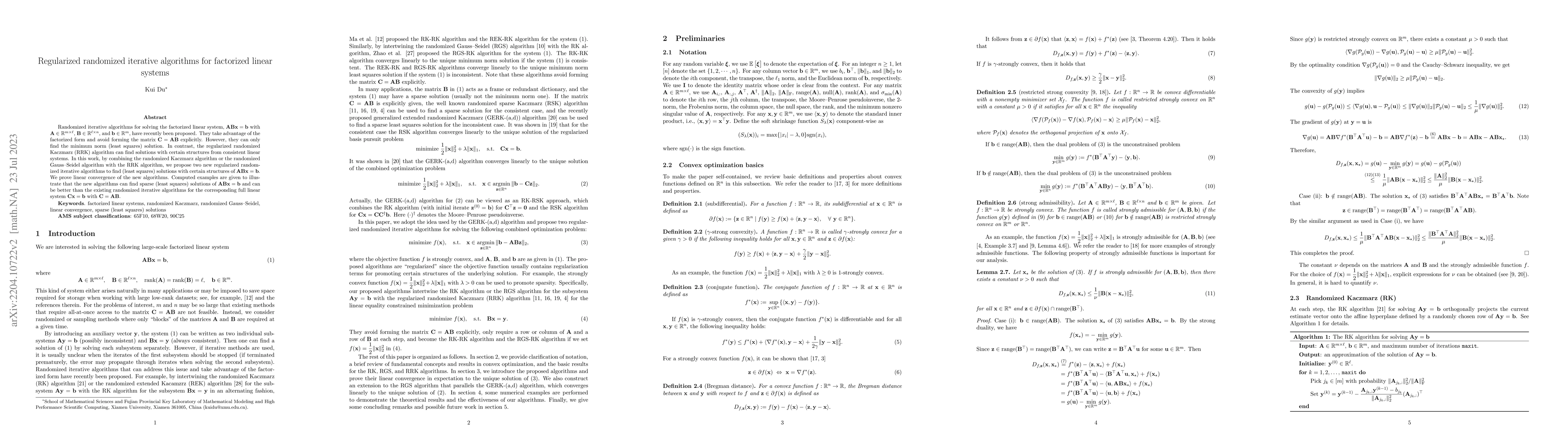 Thumbnail for Regularized randomized iterative algorithms for factorized linear
  systems