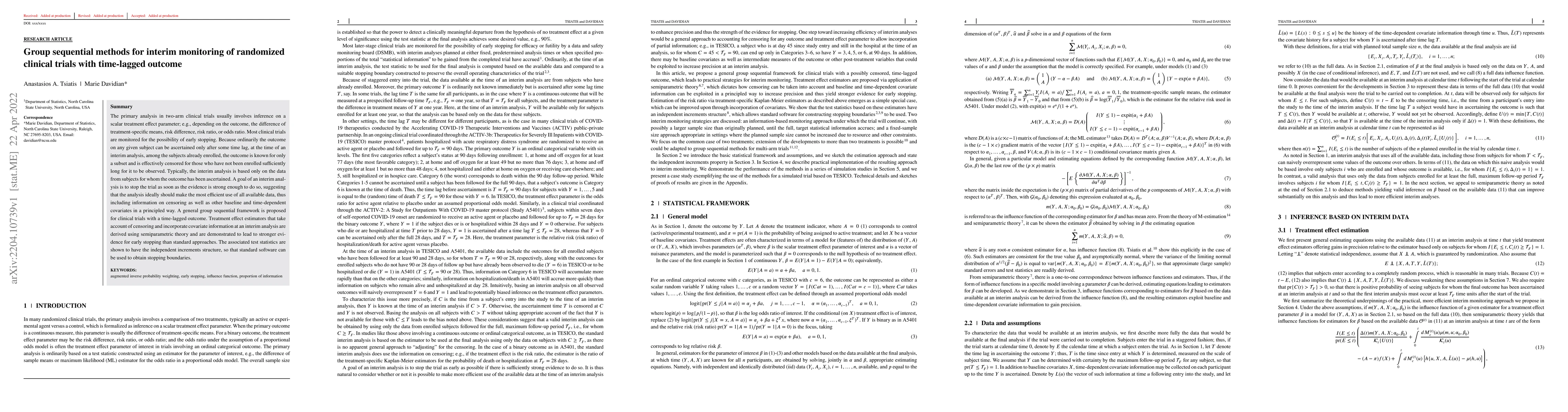 Thumbnail for Group sequential methods for interim monitoring of randomized clinical
  trials with time-lagged outcome