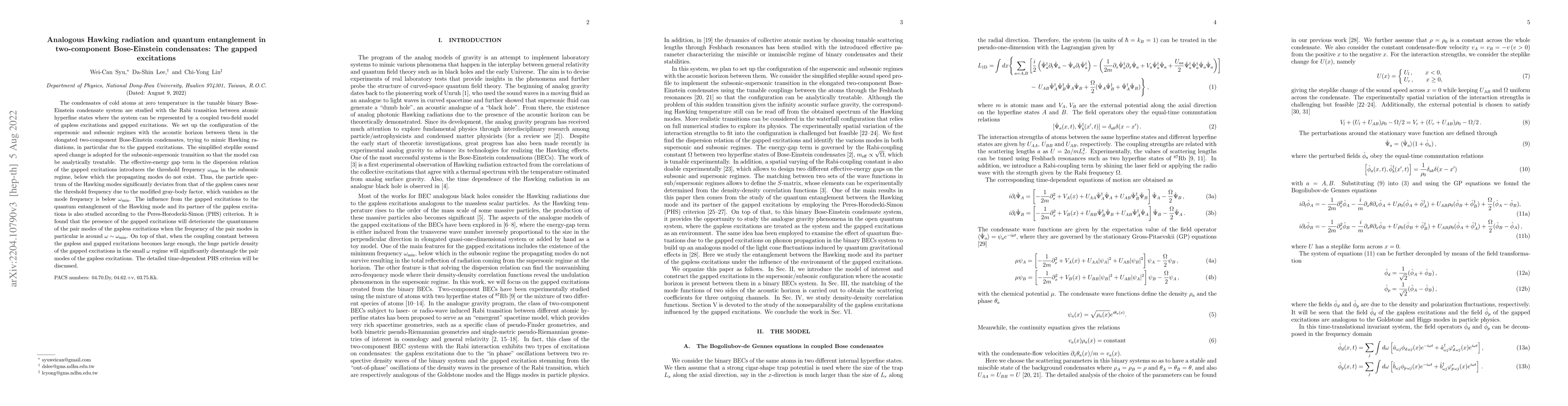 Thumbnail for Analogous Hawking radiation and quantum entanglement in two-component
  Bose-Einstein condensates: the gapped excitations