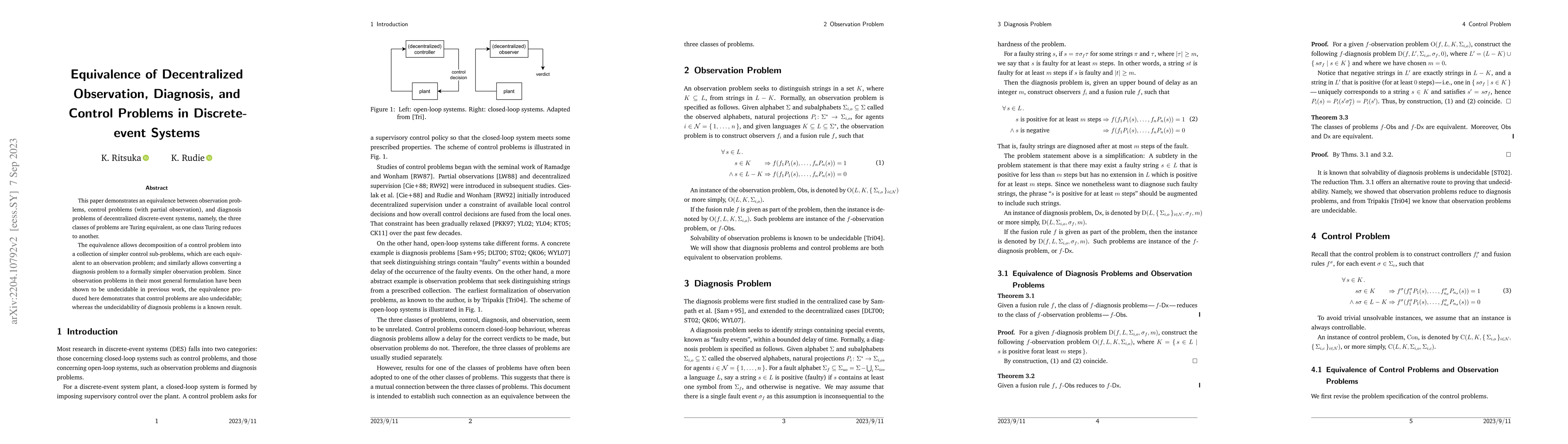 Thumbnail for Equivalence of Decentralized Observation, Diagnosis, and Control
  Problems in Discrete-event Systems