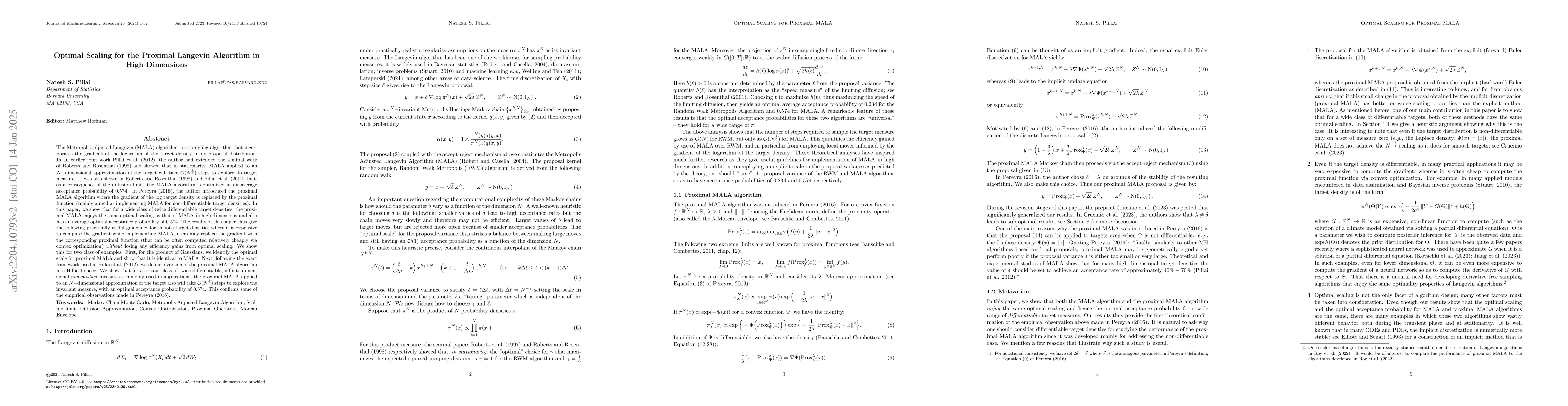 Thumbnail for Optimal Scaling for the Proximal Langevin Algorithm in High Dimensions