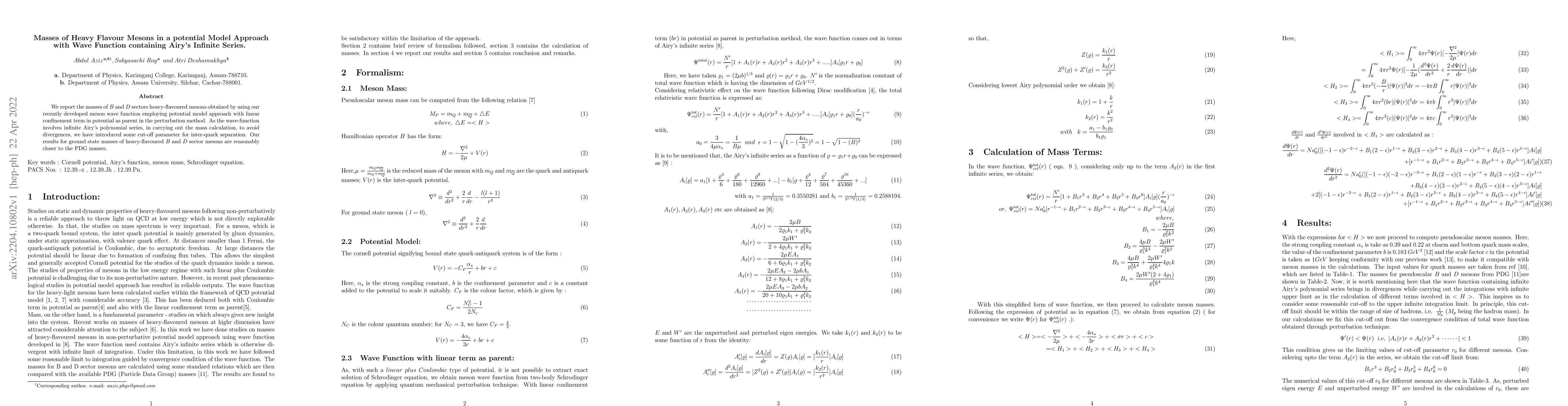 Thumbnail for Masses of Heavy Flavour Mesons in a potential Model Approach with Wave
  Function containing Airy's Infinite Series