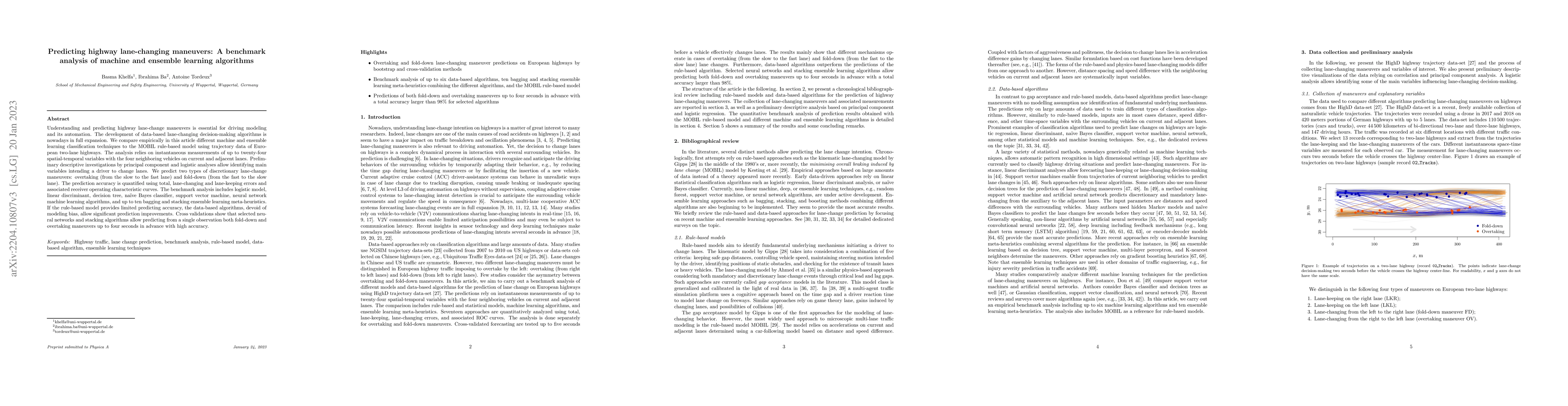 Thumbnail for Predicting highway lane-changing maneuvers: A benchmark analysis of
  machine and ensemble learning algorithms