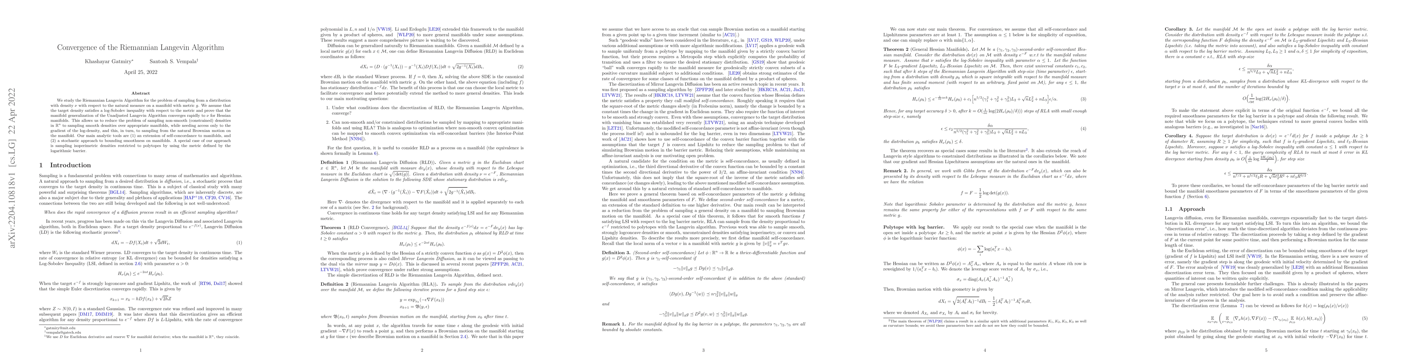 Thumbnail for Convergence of the Riemannian Langevin Algorithm