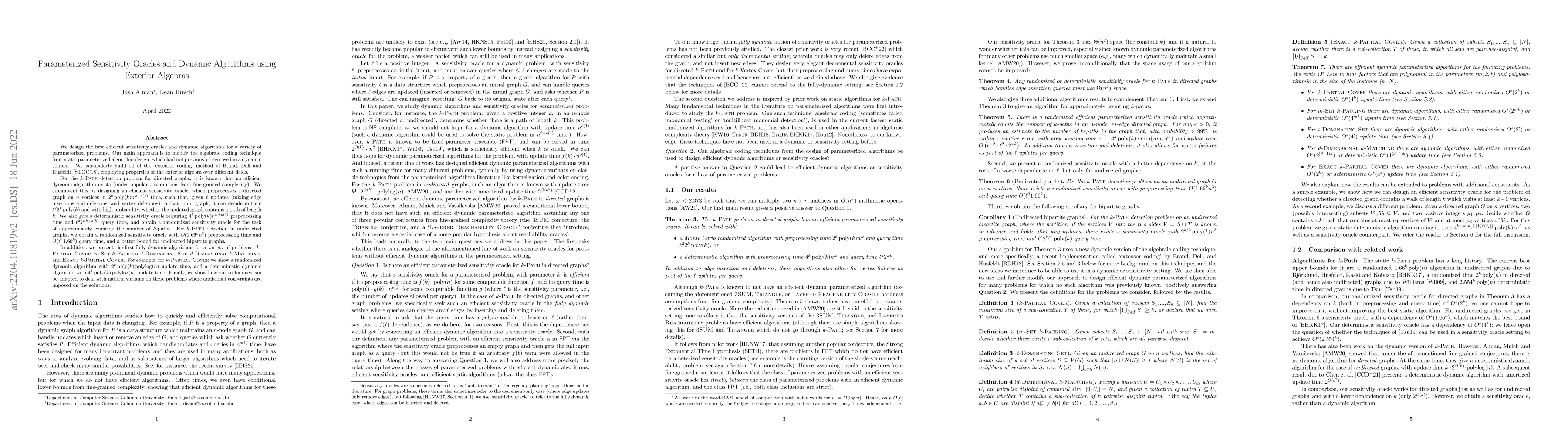 Thumbnail for Parameterized Sensitivity Oracles and Dynamic Algorithms using Exterior
  Algebras