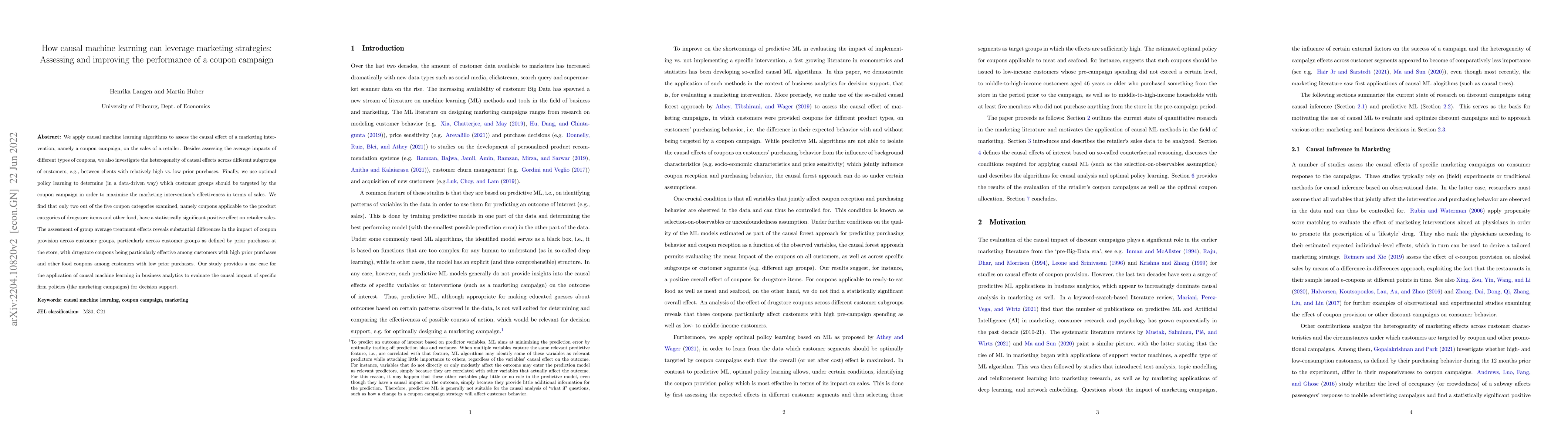 Thumbnail for How causal machine learning can leverage marketing strategies: Assessing
  and improving the performance of a coupon campaign
