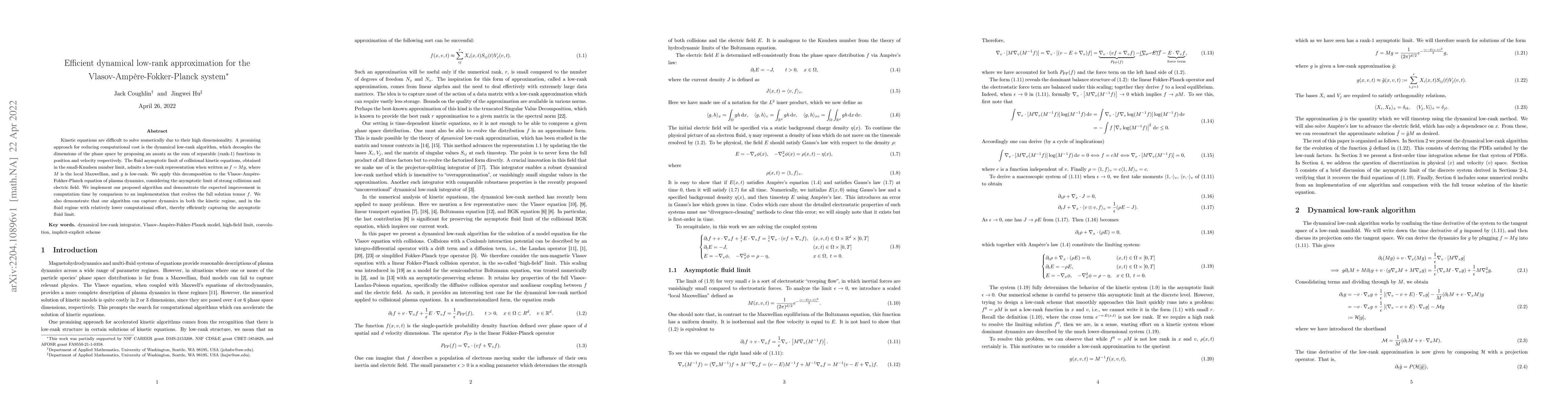 Thumbnail for Efficient dynamical low-rank approximation for the
  Vlasov-Amp\`{e}re-Fokker-Planck system