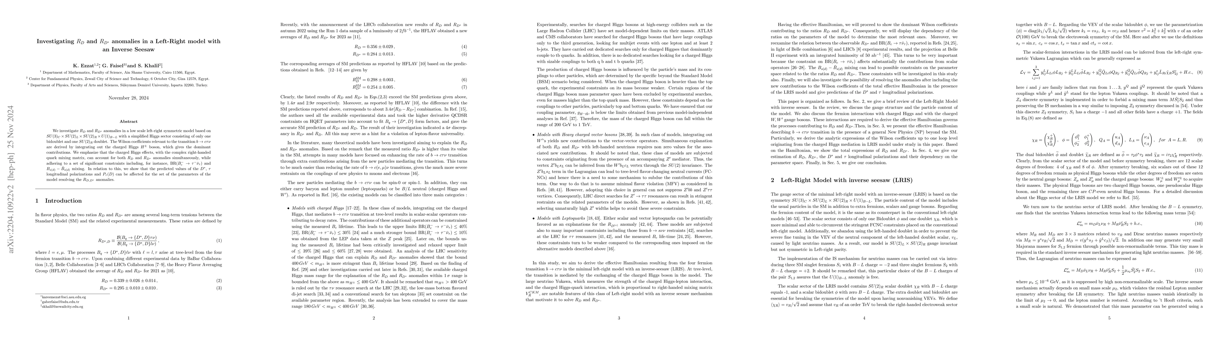 Thumbnail for Investigating $R_D$ and $R_{D^*}$ anomalies in a Left-Right model with
  an Inverse Seesaw