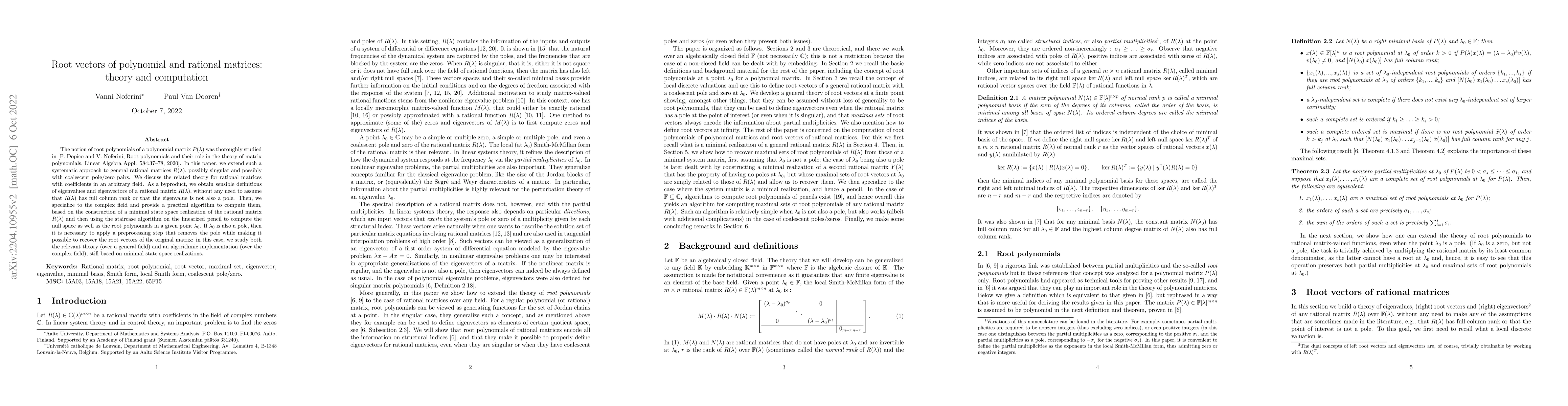 Thumbnail for Root vectors of polynomial and rational matrices: theory and computation