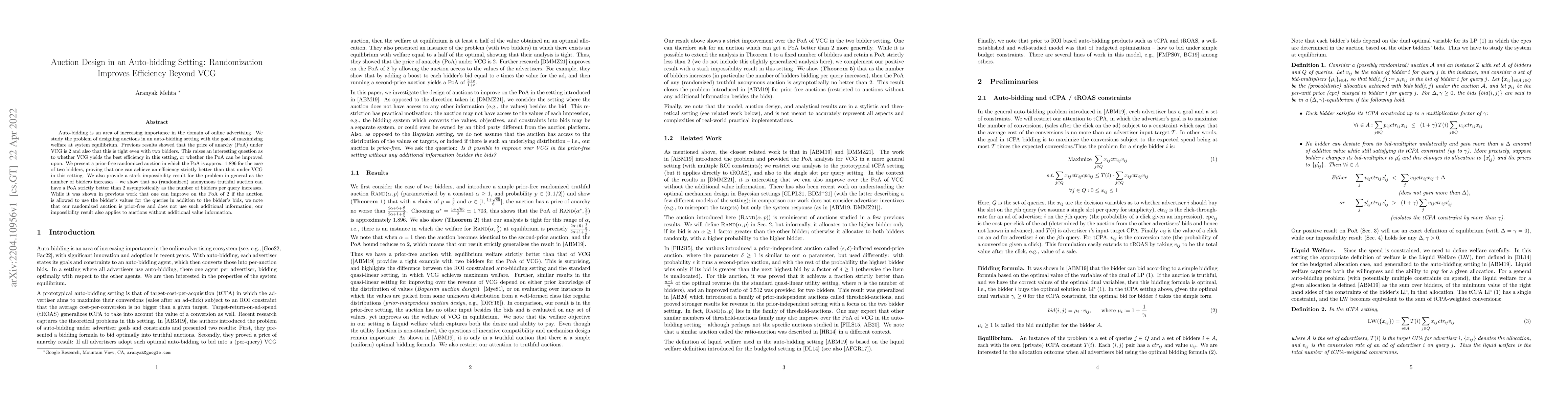 Thumbnail for Auction Design in an Auto-bidding Setting: Randomization Improves
  Efficiency Beyond VCG